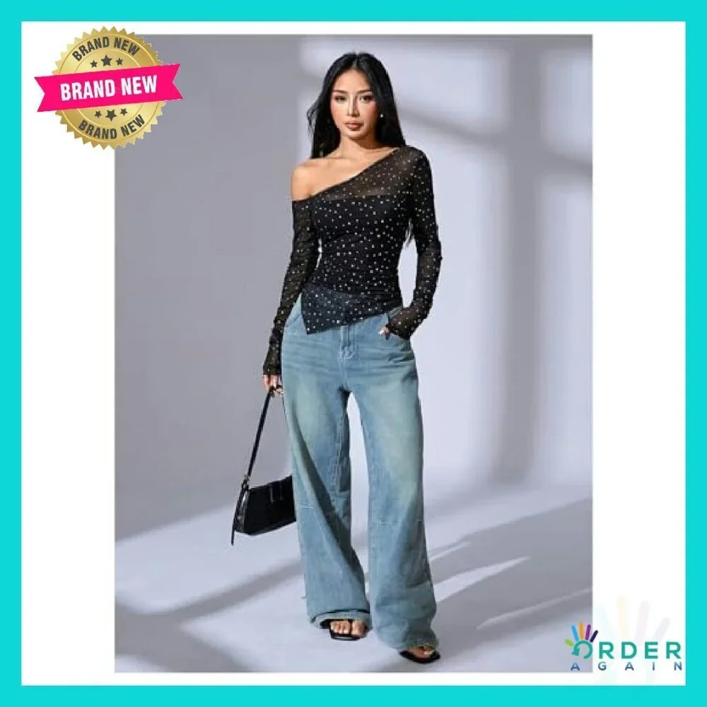 Sequin Sheer Top One Shoulder Ruched Long Sleeve Tee Chic Party Wear
